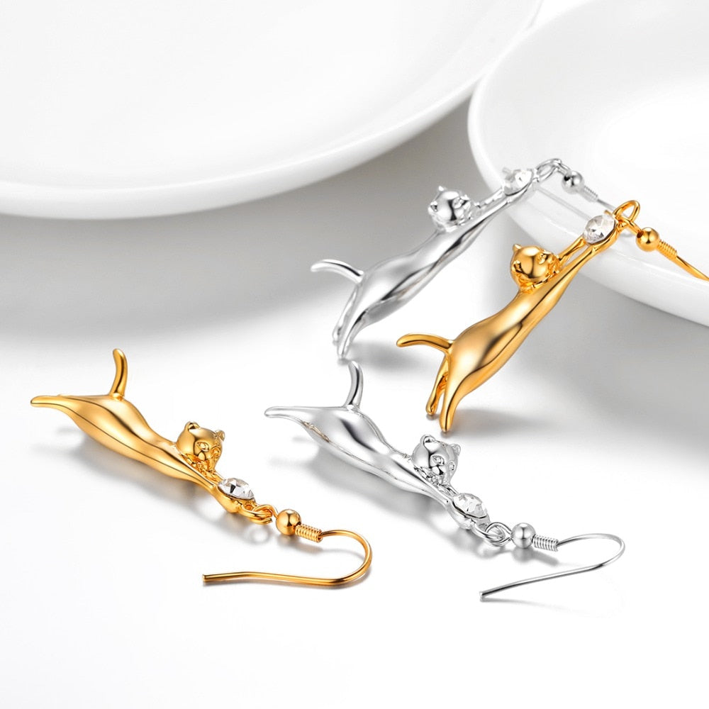 U7 Cat Dangle Earrings For Women Girls Rhinestone Jewelry Best Gift for Cat Person Cute Pet Animal Hook Earring E374 - Charlie Dolly