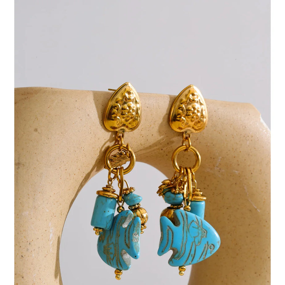 Blue Stone Fish Drop Earrings, 18K Gold Ocean Summer Stainless Steel Jewelry