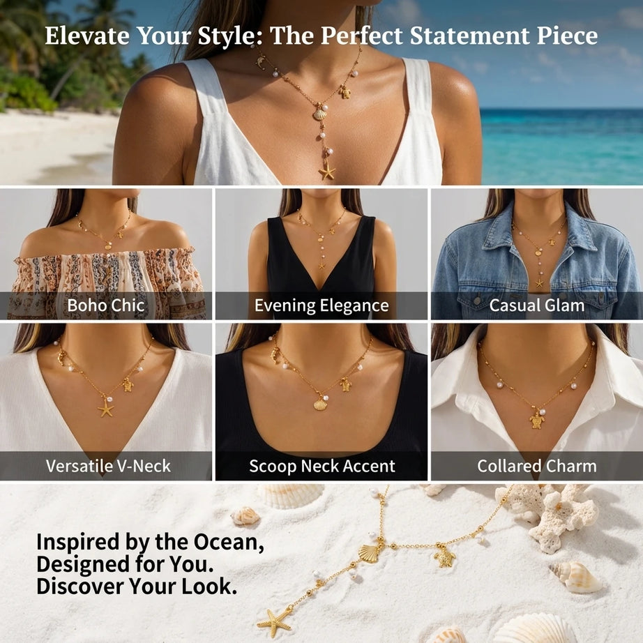 Sea Turtle, Dolphin and Starfish Y Drop Boho Necklace