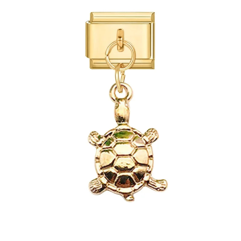 Vintage Golden Sea Shell Conch Starfish Dolphin Turtles Pendant Bead Fit 9mm Italian Charm Bracelet Stainless Steel DIY Making