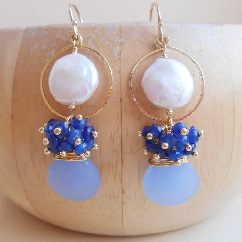 Constance gemstone cluster chandelier earrings blue white lapis lazuli coin pearl chalcedony gold fill gift for her June