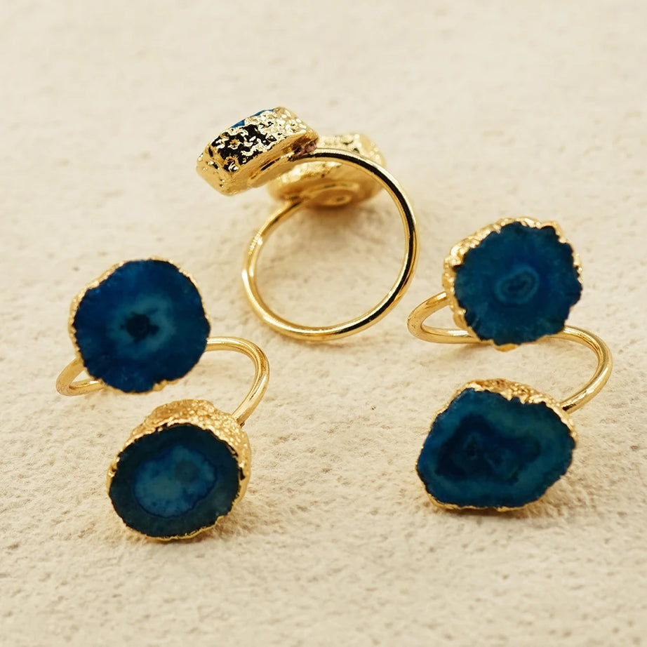 Irregular Agate Slices Open Cross Ring for Women Girls Boho Rough Natural Stone Sunflower Finger Jewelry Wedding Party Gift - Charlie Dolly