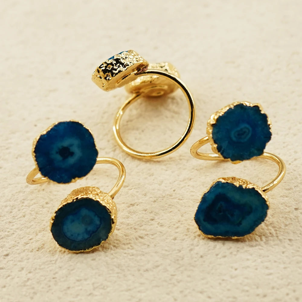 Irregular Agate Slices Open Cross Ring for Women Girls Boho Rough Natural Stone Sunflower Finger Jewelry Wedding Party Gift