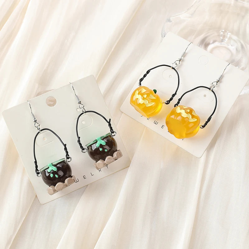 1Pair Halloween Women Drop Earrings 3D Resin Pumpkin Jar Basket Jewelry For Girl Festival Gifts