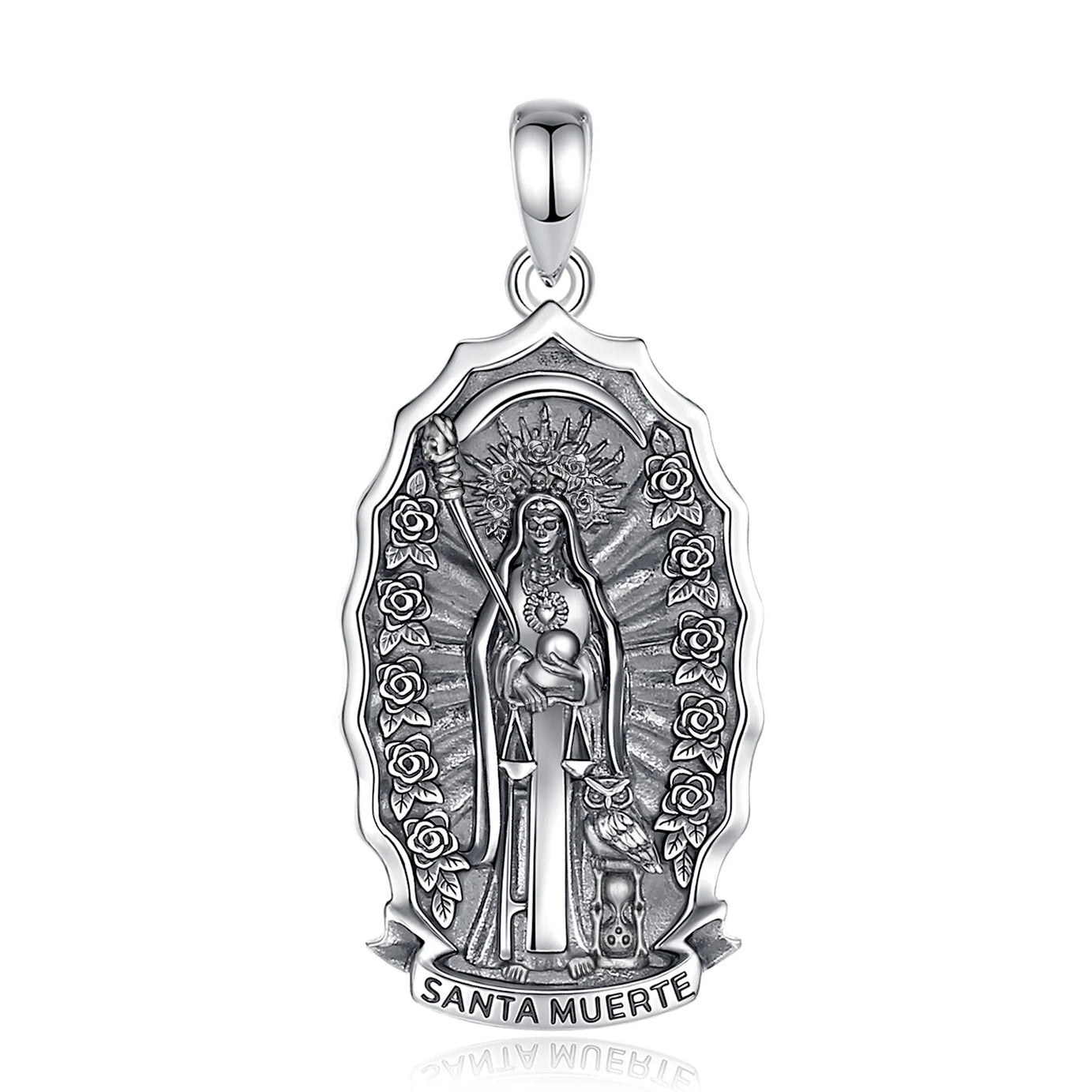 S925 Sterling Silver Santa Muerte Pendant Necklace, Holy Death Mexican Devotional Amulet