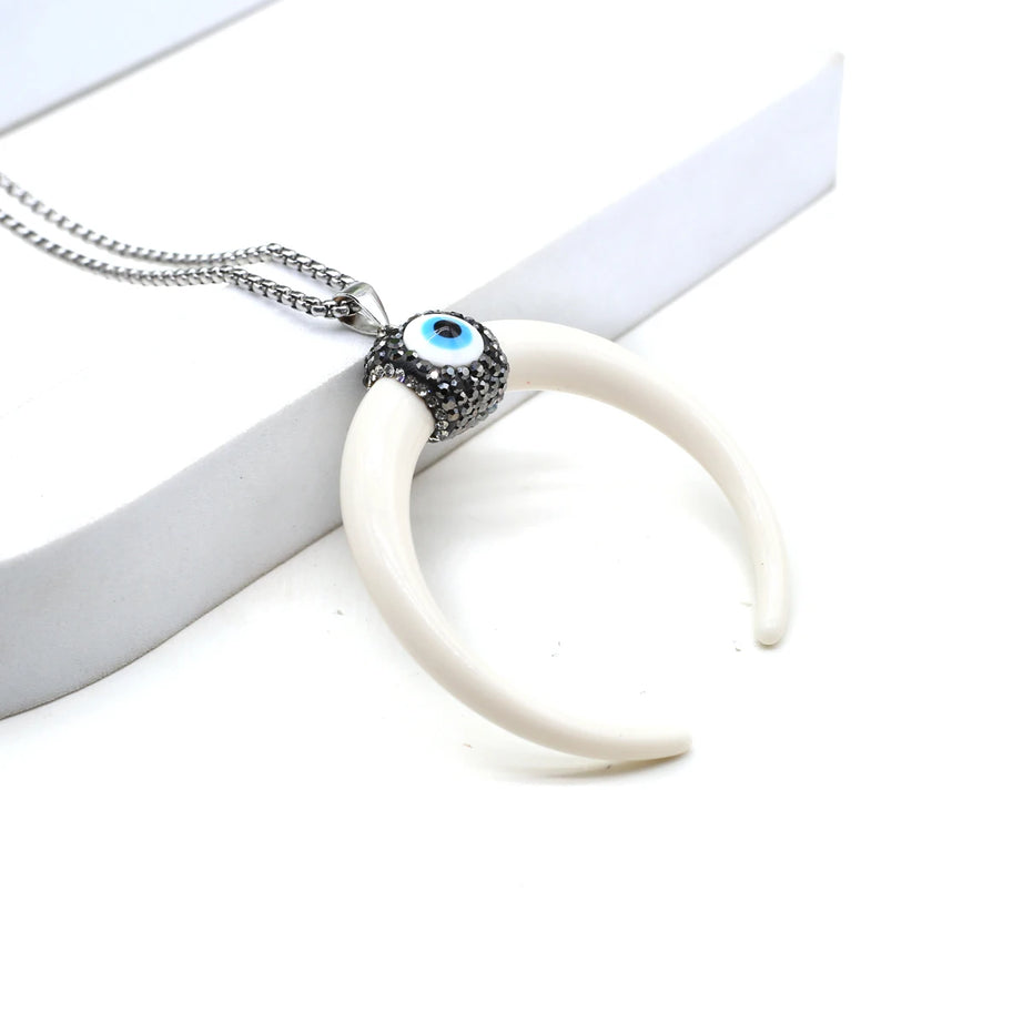 Natural Stone Horn Necklace Reiki Heal Turquoise Rhinestone Crescent Moon Pendant Stainless Steel Chain Boho Necklaces Jewelry - Charlie Dolly
