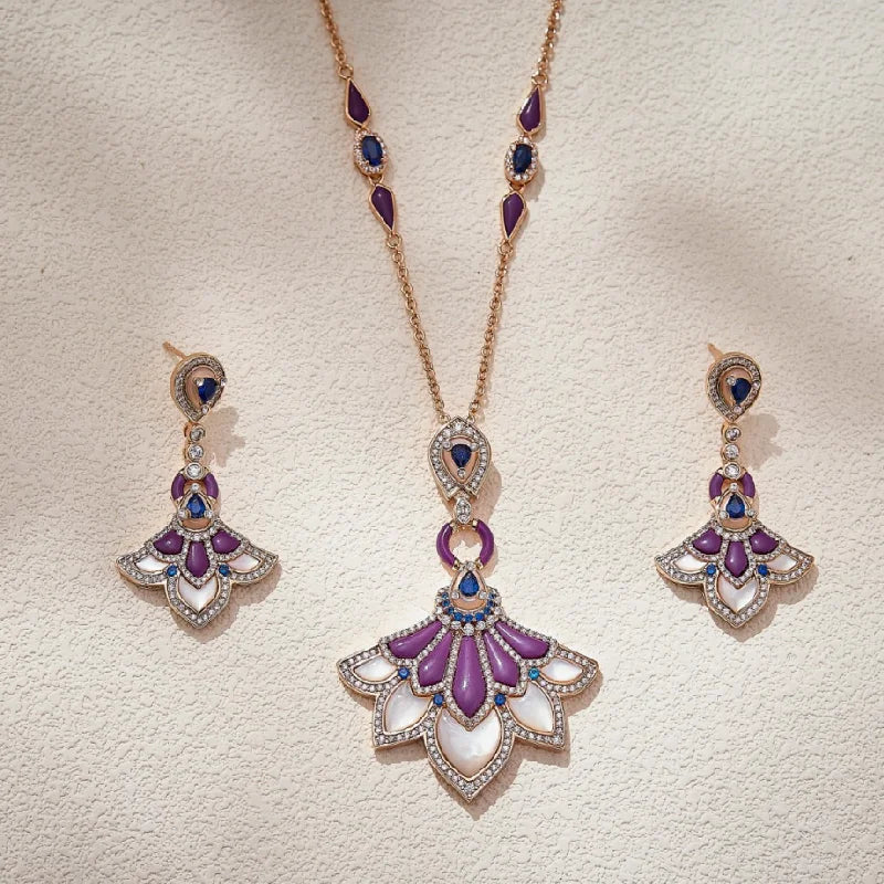 Designer Collection Stud Earrings Necklace Women Lady Inlay Cubic Zircon Mother Of Pearl Lapis Lazuli Dinner Party Jewelry Set