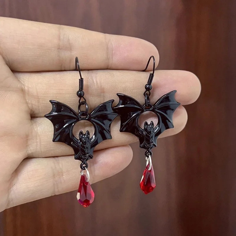 Halloween Bat Earrings for Women Gothic Punk Drop Earring Black Red Crystal Tassel Personality Jewelry Party Female Accessories - Charlie Dolly