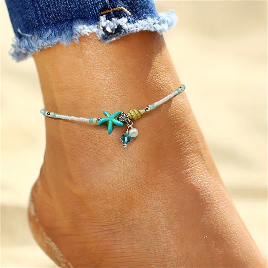 Shell, Starfish and Tortoise Handcrafted Boho Anklet