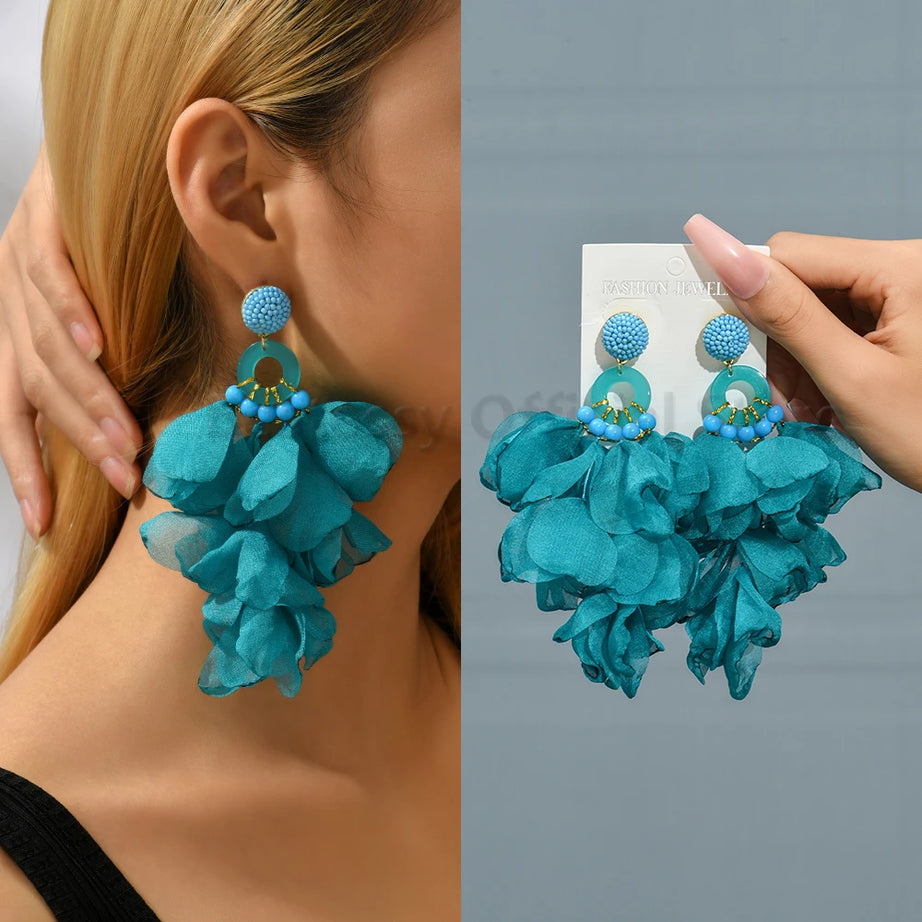 Cotton Flower Petal Beaded Tassel Earrings Jewelry