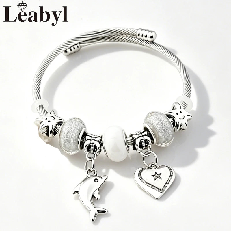Boho Blue Enamel Dolphin Starfish Shell Bead Pendant Bracelet Silver Color Marine Life DIY Charm Jewelry for Summer Holiday Gift