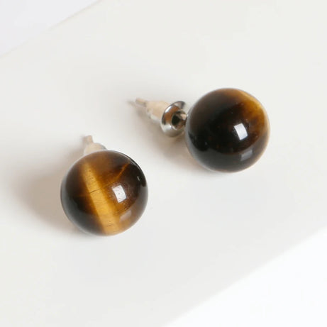 Natural Stone Agate Quartz Lapis Lazuli Tiger Eye Round Bead Stud Earrings Women Fashion Simple Stainless Steel Crystal Ear Stud - Charlie Dolly