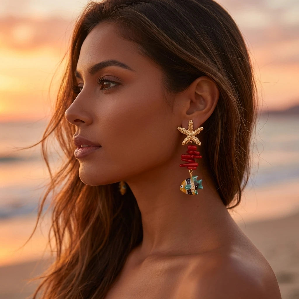 Boho Ocean Theme Cute Ceramic Fish Drop Earrings For Women Textured Starfish Red Coral Stacked Earring Beach Vacation Jewelry