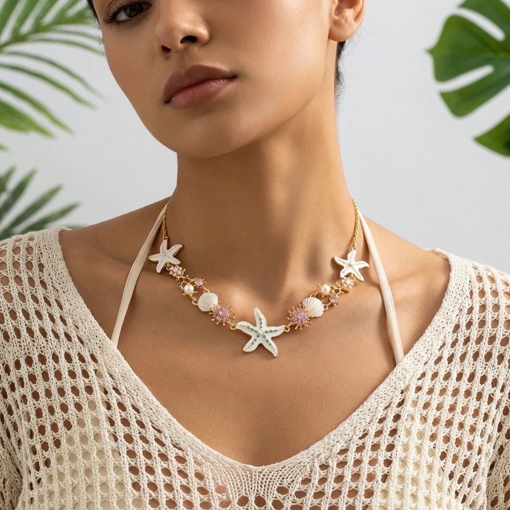 Boho Starfish Shell Pearl Metal Chain Necklace For Women Colorful Crystal Zircon Clavicle Choker Beach Party Vacation Jewelry