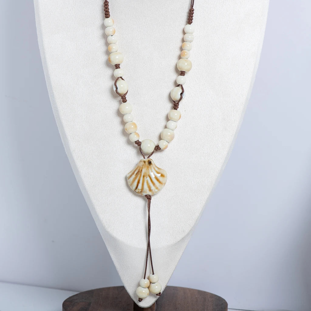 Handmade Ceramic Shell Necklace for Women Adjustable Boho Vintage Pendant Natural Beach Jewelry