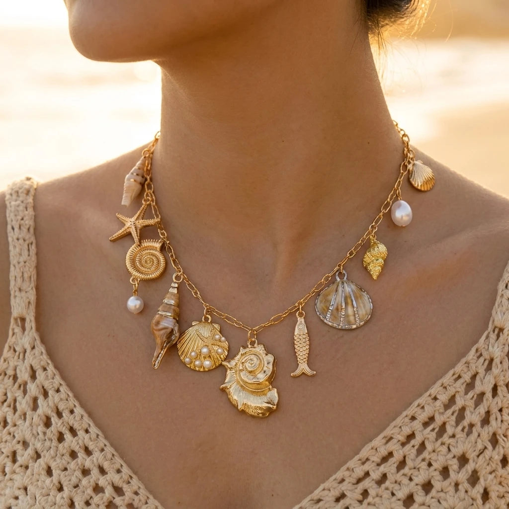 Conch Shell Fish Layered Pendant Necklace Jewelry