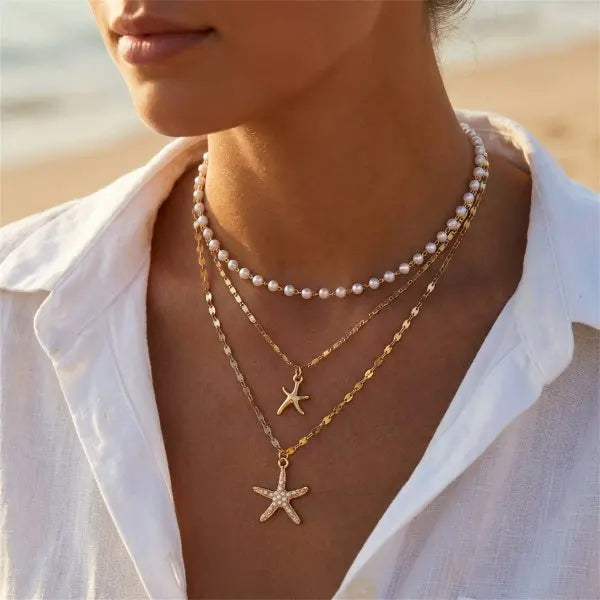 Boho Multilayer Shell Starfish Pendant Necklace for Women Handmade Beaded Imitation Pearl Choker Beach Party Jewelry Gift