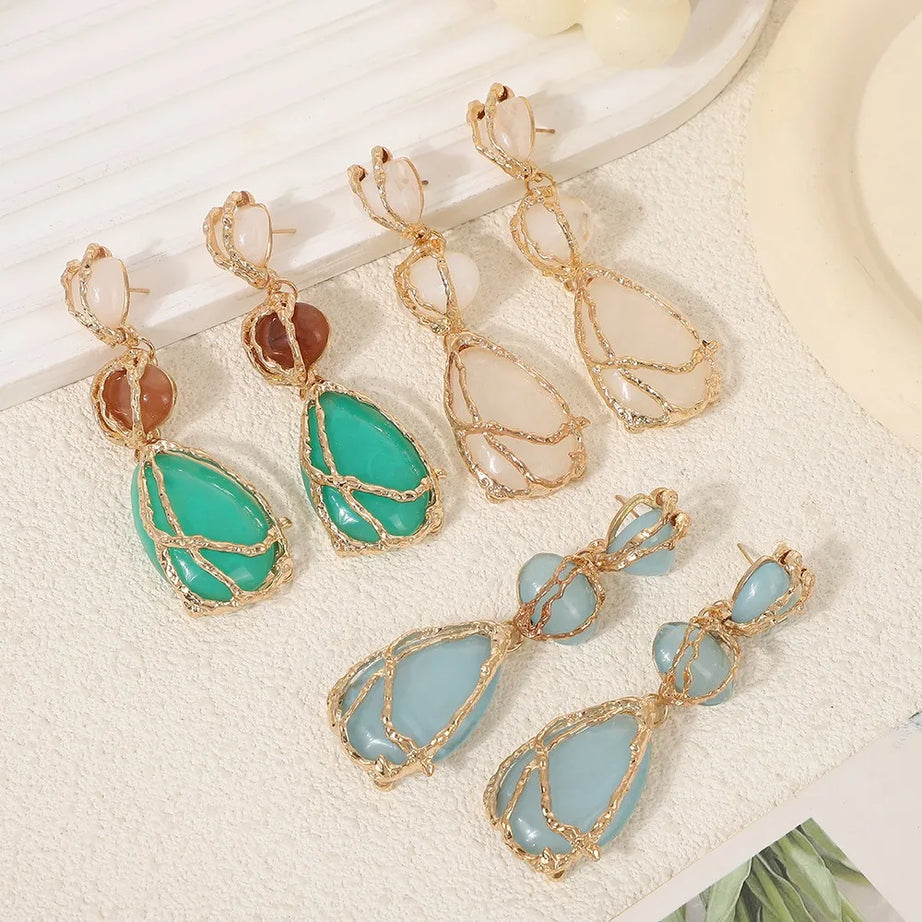 Resin Waterdrop Metal Mesh Dangle Earrings Jewelry