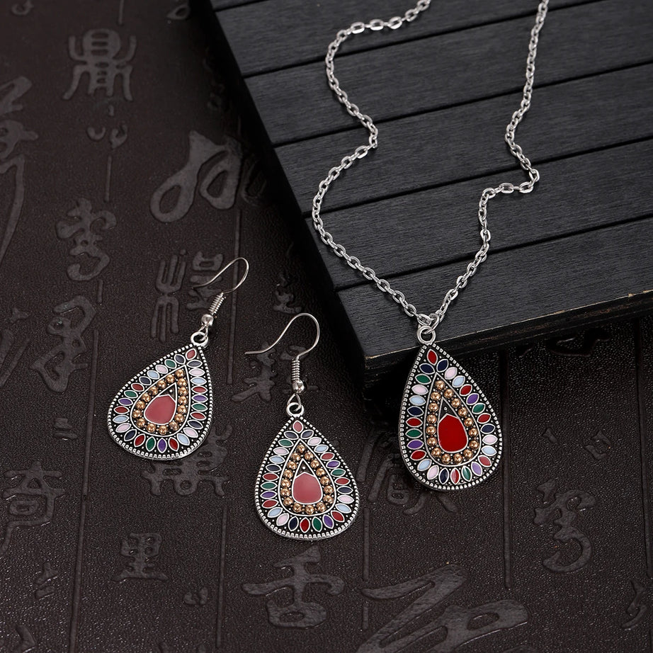 Colorful Bead Flower Necklace Earring Set Jewelry