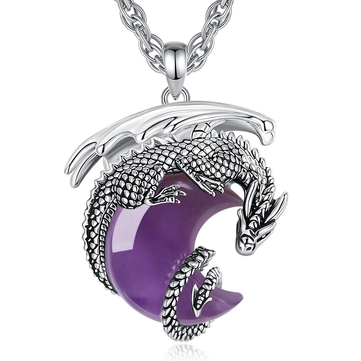 Natural Amethyst Dragon Crescent Moon Pendant Necklace, Healing Crystal Talisman