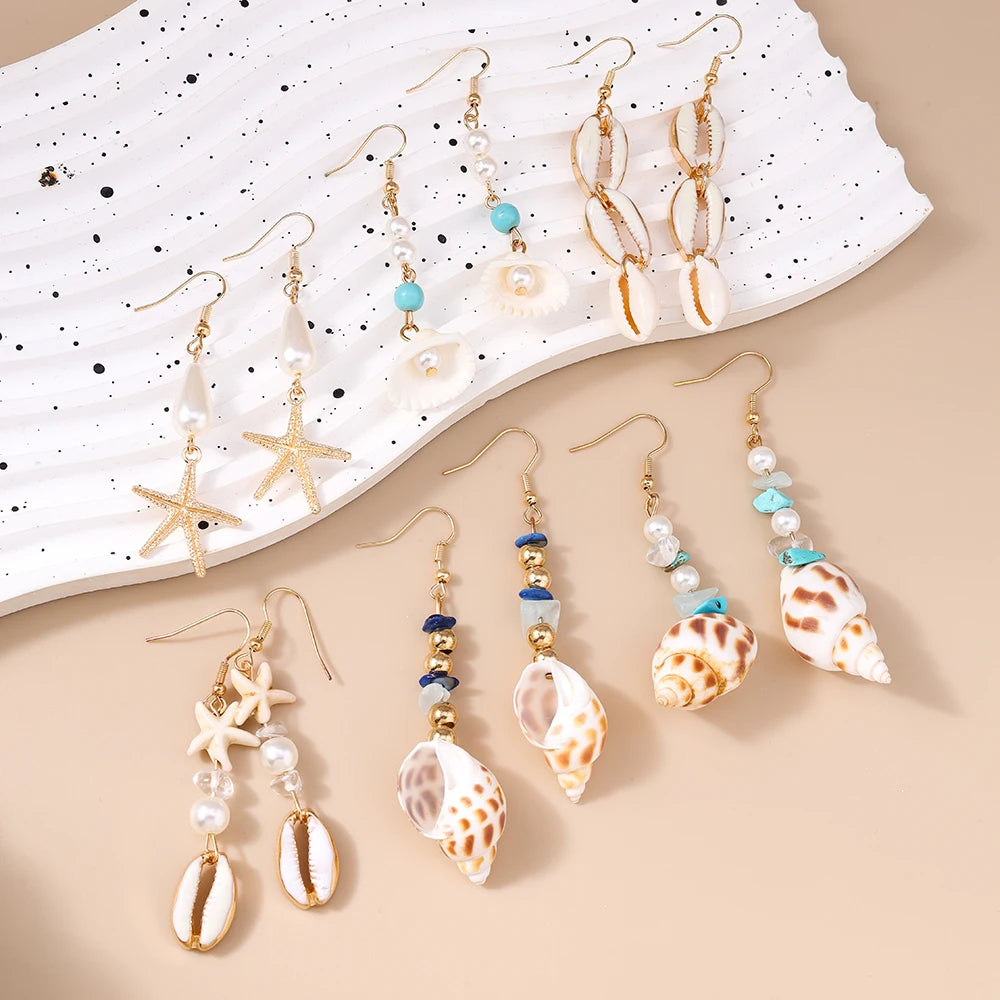 Cute Conch Starfish Shell Drop Earrings for Women Girls Boho Pearl Earrings Summer Beach Jewelry Gifts