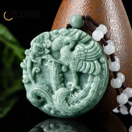 Myanmar Jadeite Phoenix & Peony Double-Sided Carved Pendant Necklace, Luxury Amulet