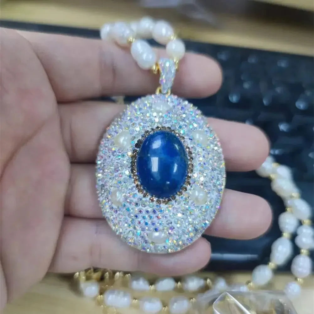 Unique Natural Lapis lazuli Gemstone Jewelry Set for Women AB Rhinestone Freshwater Pearl Quartz Necklace Rings Lady Dress Acces