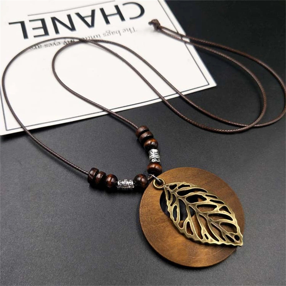 Wood Owl Leaf Pendant Wax Rope Necklace Jewelry
