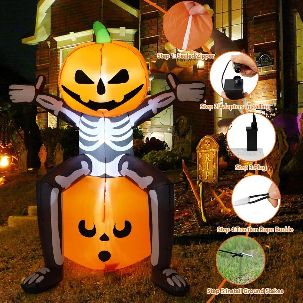 Halloween Inflatable 5FT Skull Skeleton Pumpkin Head with Built-in LEDs Blow Up Yard Decoration for Holiday Party Indoor,Outdoor - Charlie Dolly