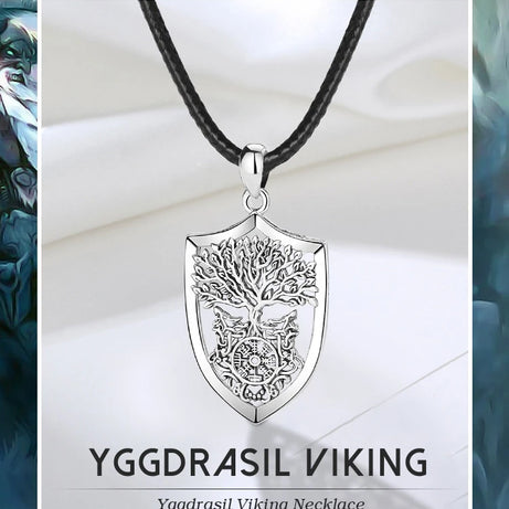 S925 Sterling Silver Viking Yggdrasil Compass Pendant Necklace, Tree of Life Wolf Norse Amulet