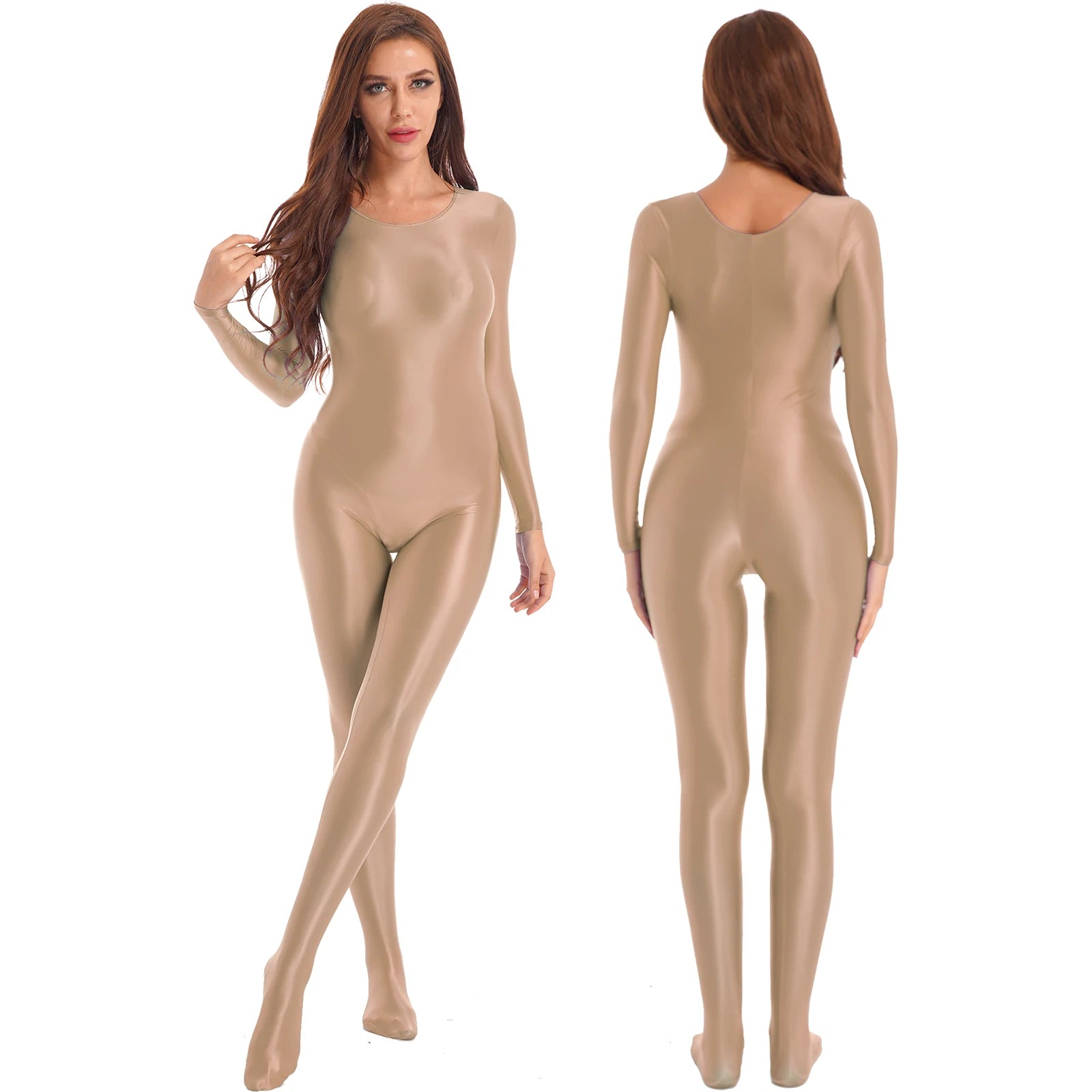 Womens Sexy Glossy Bodystocking Bodysuit Long Sleeve Jumpsuit Lingerie Nightwear Swimwear Gymnastics Yoga Sports Dance Leotard - Charlie Dolly