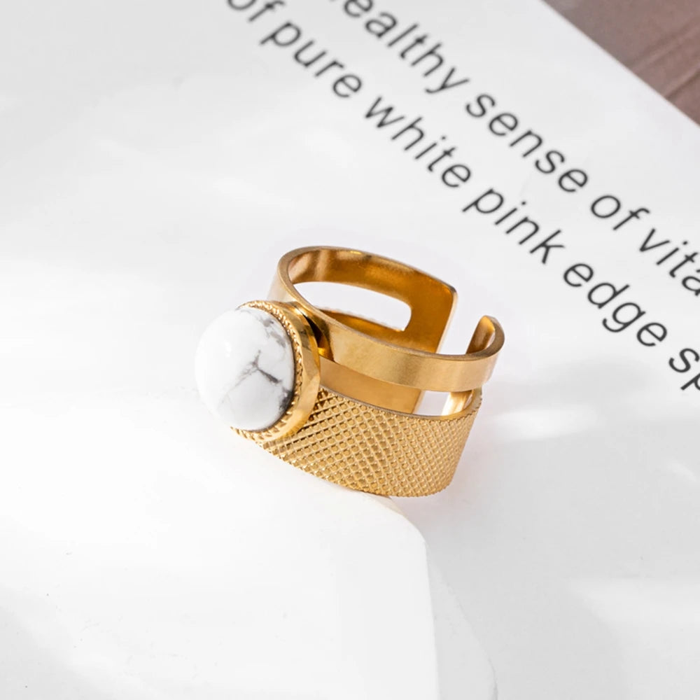 WILD & FREE Boho Stainless Steel Rings For Women Glamour Trendy Gold Color Inlaid Natural Stone Statement Jewelry