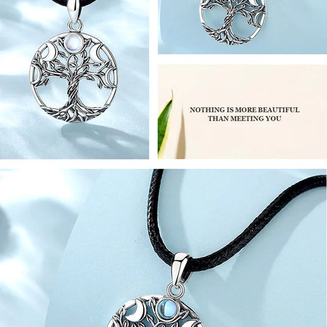 S925 Sterling Silver Tree of Life Moon Phase Necklace, Triple Moon Goddess Moonstone Amulet