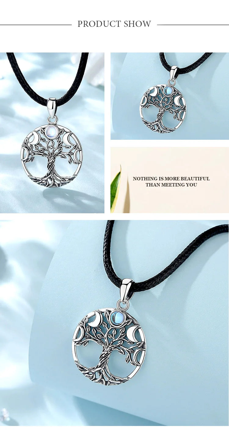 Eudora 925 Sterling Silver Tree of Life Necklace for Women Man Moon Phase Tree Triple Moon Goddess Pendant Wiccan Jewelry Gift
