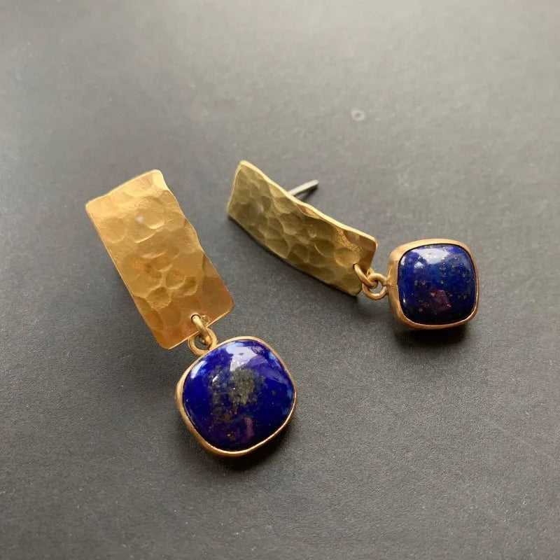 Boho Lapis Lazuli Square Shape Drop Dangle Earrings Retro Style Golden Women's Jewelry