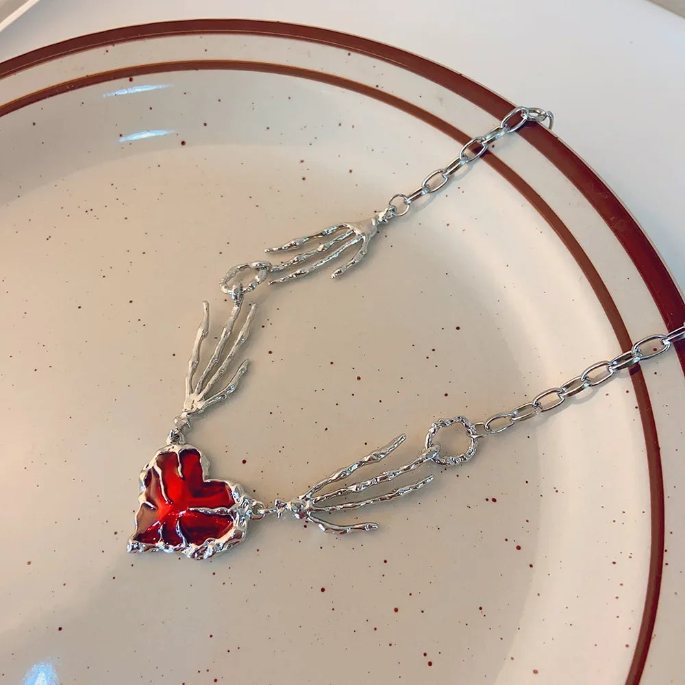 Gothic Red Peach Heart Pendant Necklace for Women Girls Sliver Ghost Claw Love Short Choker PunkClavicle Chain Halloween Gifts - Charlie Dolly