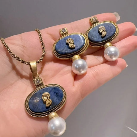 Vintage Cameo Jewelry Set Woman Avatar Pendent Pearl Necklace Lapis Lazuli Stud Earrings Blue Natural Stone Wedding Party 2026 - Charlie Dolly