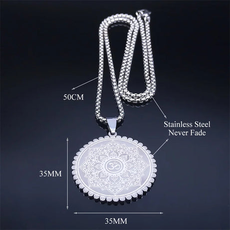 Om Lotus Mandala Yoga Necklace, Stainless Steel Buddhist Amulet
