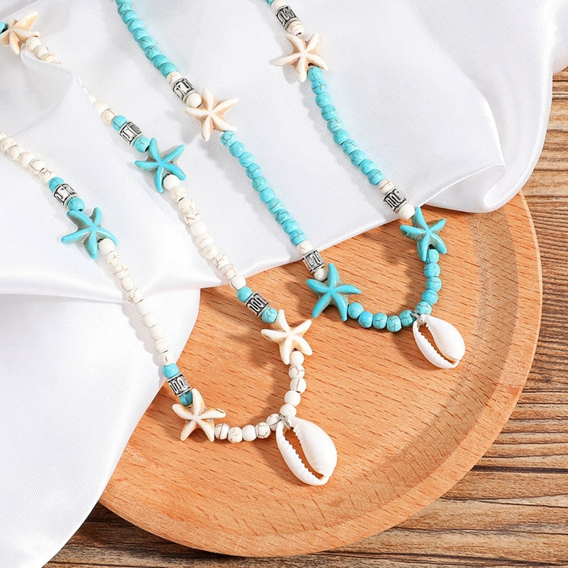 Bohemian Natural Stone Shell Pendant Short Necklace for Women Starfish Beads Chokers Female Collar Summer Jewelry