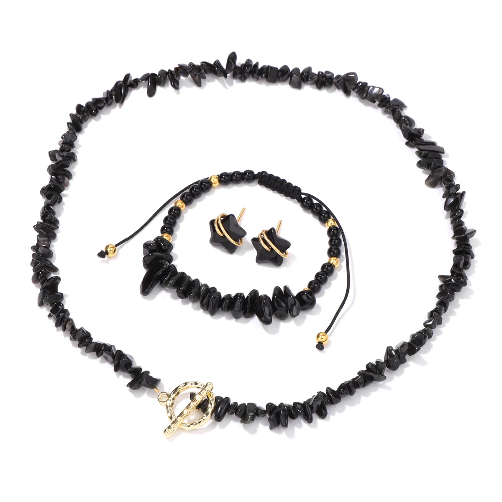 Natural Stone Lapis Lazuli Jewelry Set Quartzs Chip Beads Necklace Braided Bracelets For Women Star Shape Ear Studs Earrings