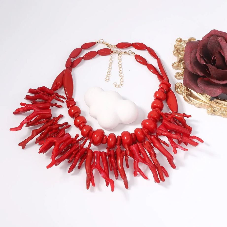 Red Resin Coral Double Layer Necklace Jewelry