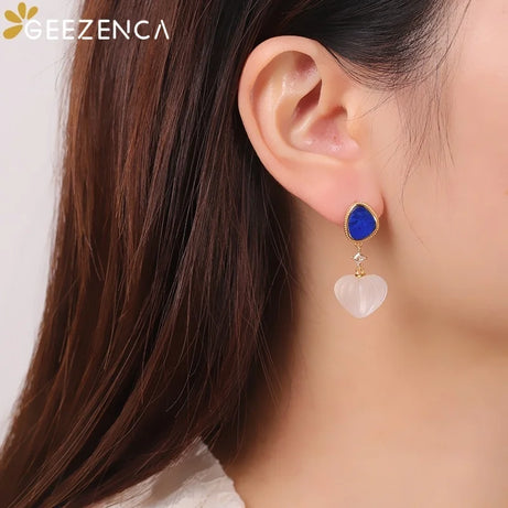 GEEZENCA 925 Silver Lapis Lazuli White Crystal Women's Drop Earrings 18K Gold Heart Waterdrop Dangle Earring Love Gift For Her - Charlie Dolly