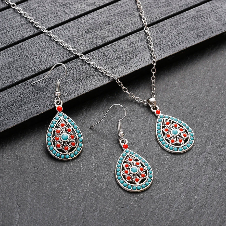 Colorful Bead Flower Necklace Earring Set Jewelry