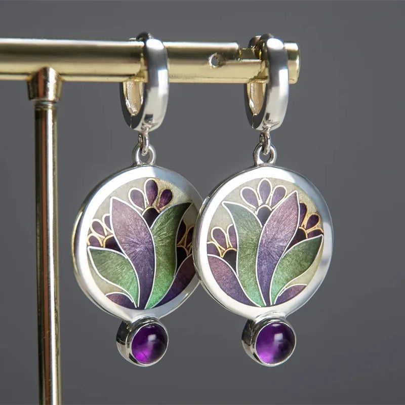 Ethnic Round Lapis lazuli Earrings Antique Jewelry Metal Silver Color Carving Water Drop Blue Gem Pendant Women's Earrings