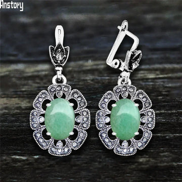 Vintage Plumflower Natural Jades Quartz Earrings For Women Antique Silver Plated Lapis Lazuli Tiger Eye Stone Fashion Earring
