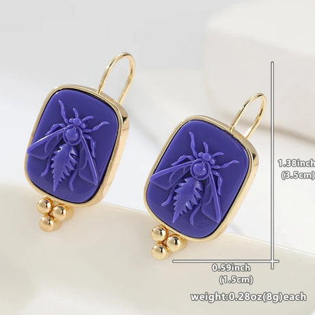 Vintage Luxury Synthetic Lapis Lazuli Hand Carved Bee Hook Earrings Women's Elegant Banquet Celebration Jewelry Accessories Gift - Charlie Dolly