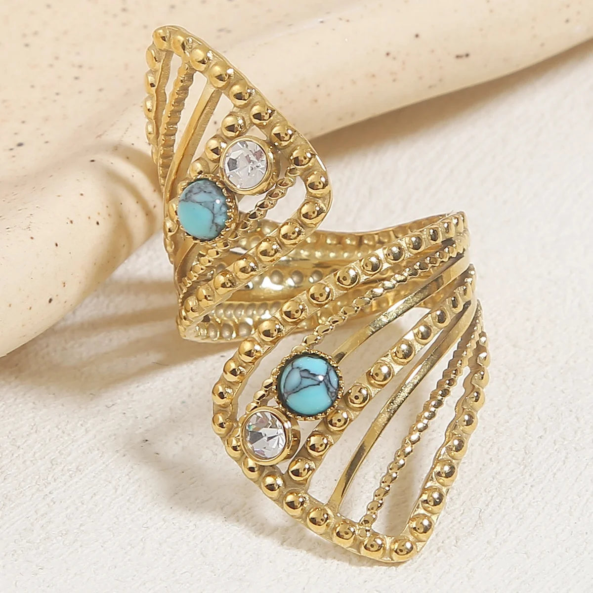 Boho Zircon Twisted Hollow Engagement Rings For Women Baroque Natural Stone Stainless Steel Bling Ring Wedding Fashion Jewelry