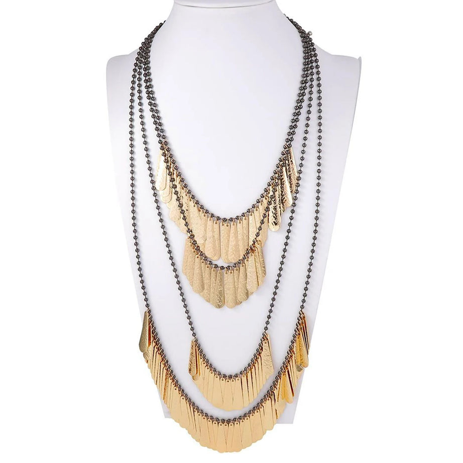 Beaded Waterfall Metal Plate Tassel Necklace Jewelry