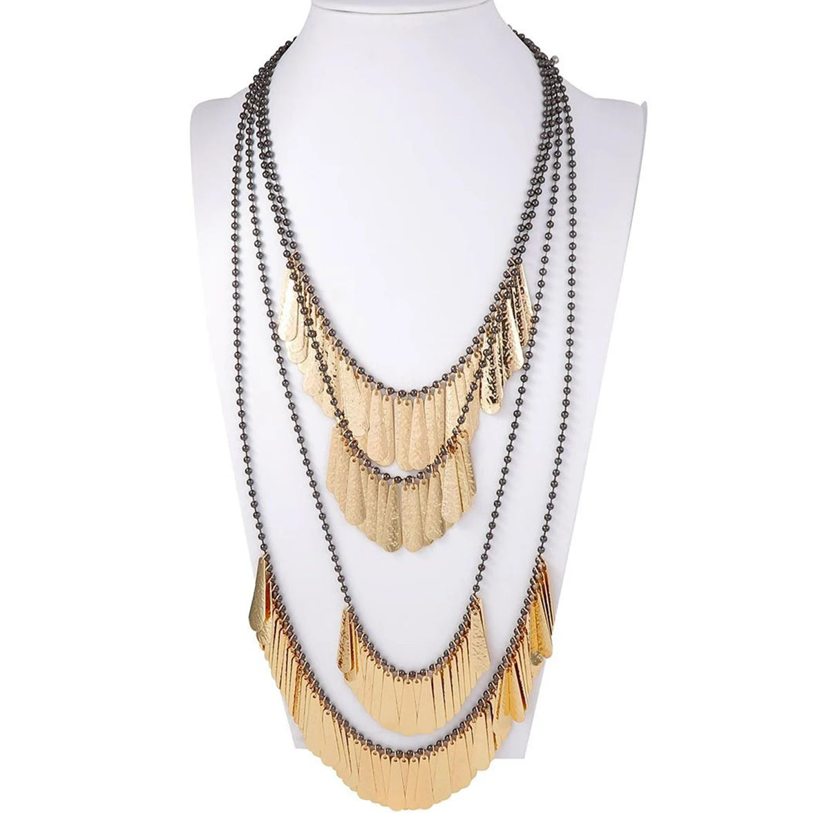 Beaded Waterfall Metal Plate Tassel Necklace Jewelry