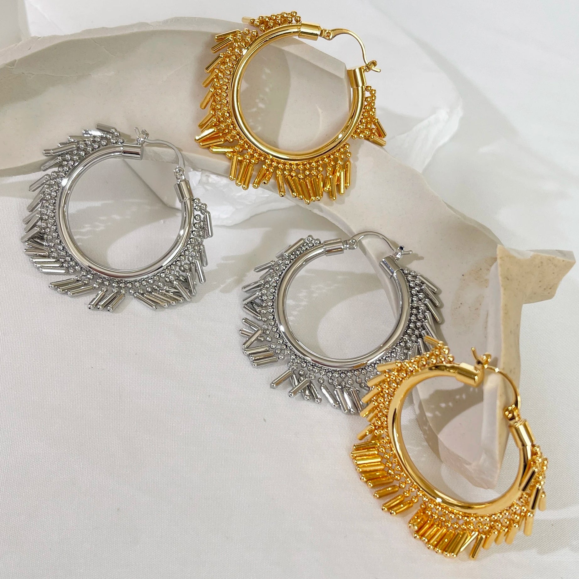 Gold Bead Bar Tassel Hoop Huggie Earrings Jewelry